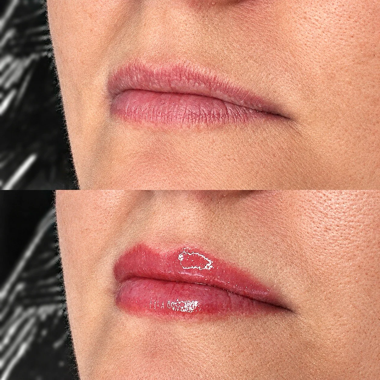 Comparativo de pigmentação labial Baby Lips, com contorno e cor suave nos lábios.