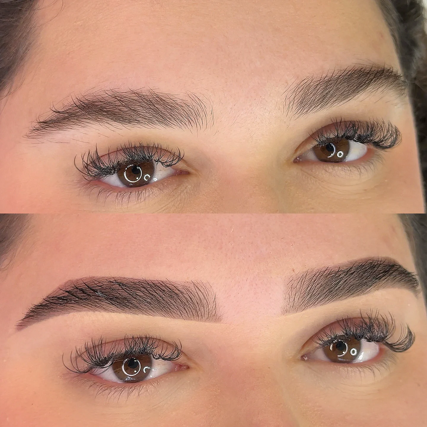 Comparativo de sobrancelhas antes e após design com henna.