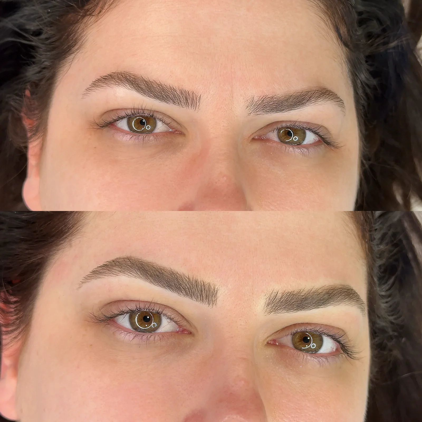 Comparativo frontal de sobrancelhas com desenho preenchido por Nano Fios.